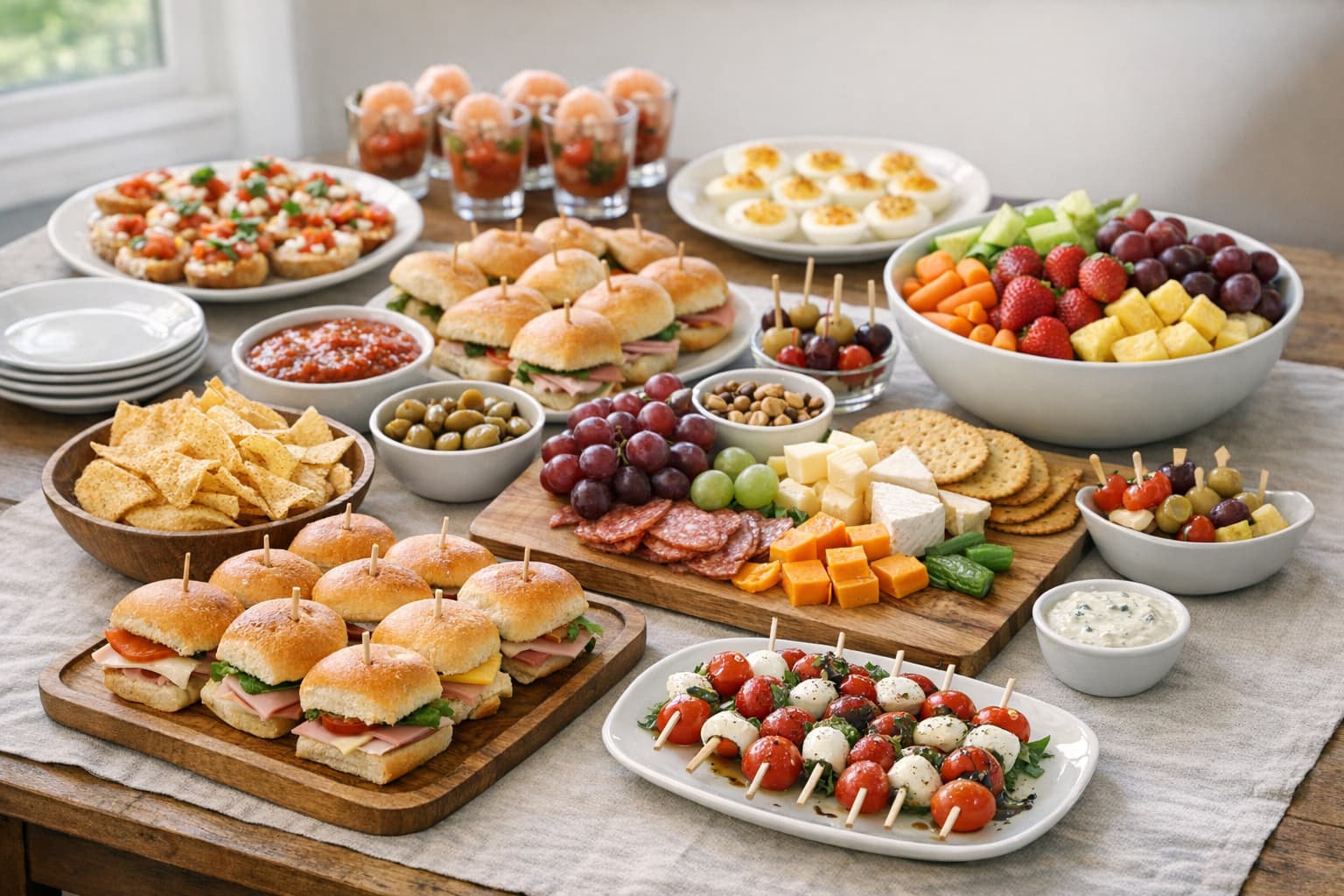 Informal basic buffet setup with an array of finger foods and snacks.