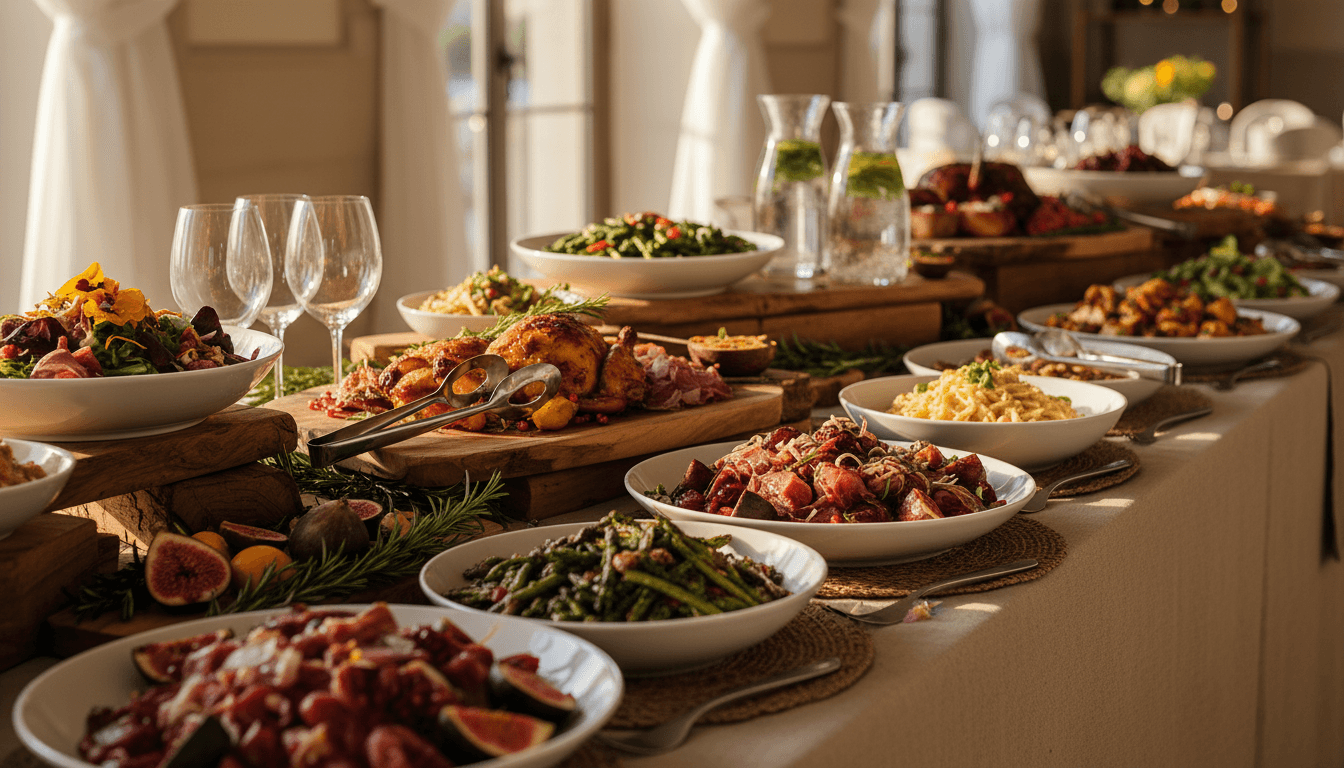 Premium buffet spread with artfully arranged dishes, fresh ingredients, and professional catering setup