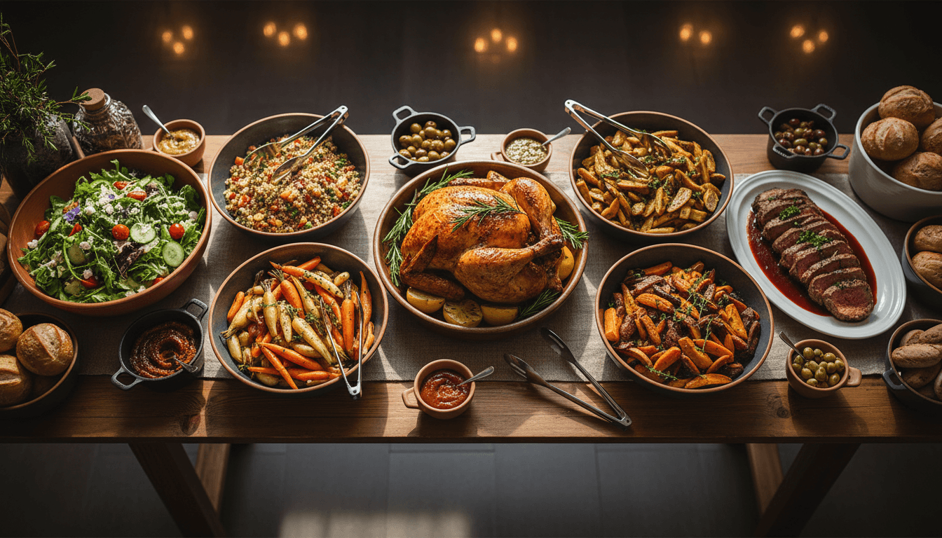 Professional buffet catering setup with premium dishes and serving platters