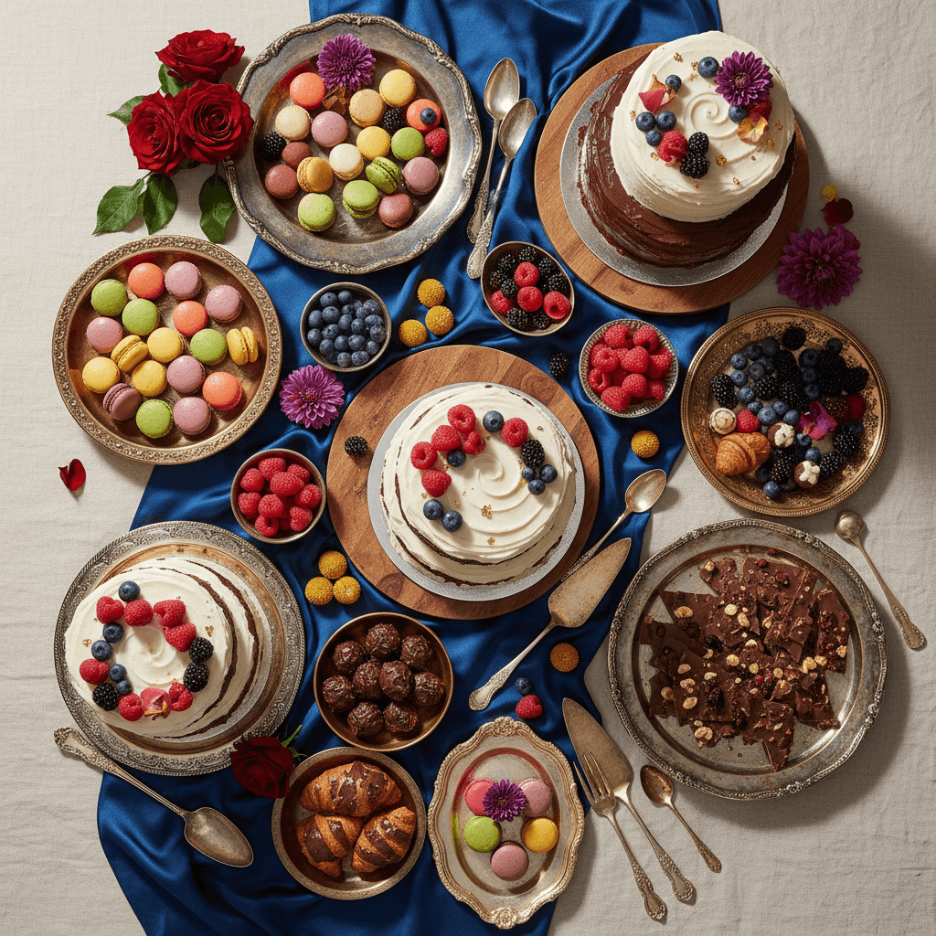 Artfully arranged dessert display with cakes and macarons
