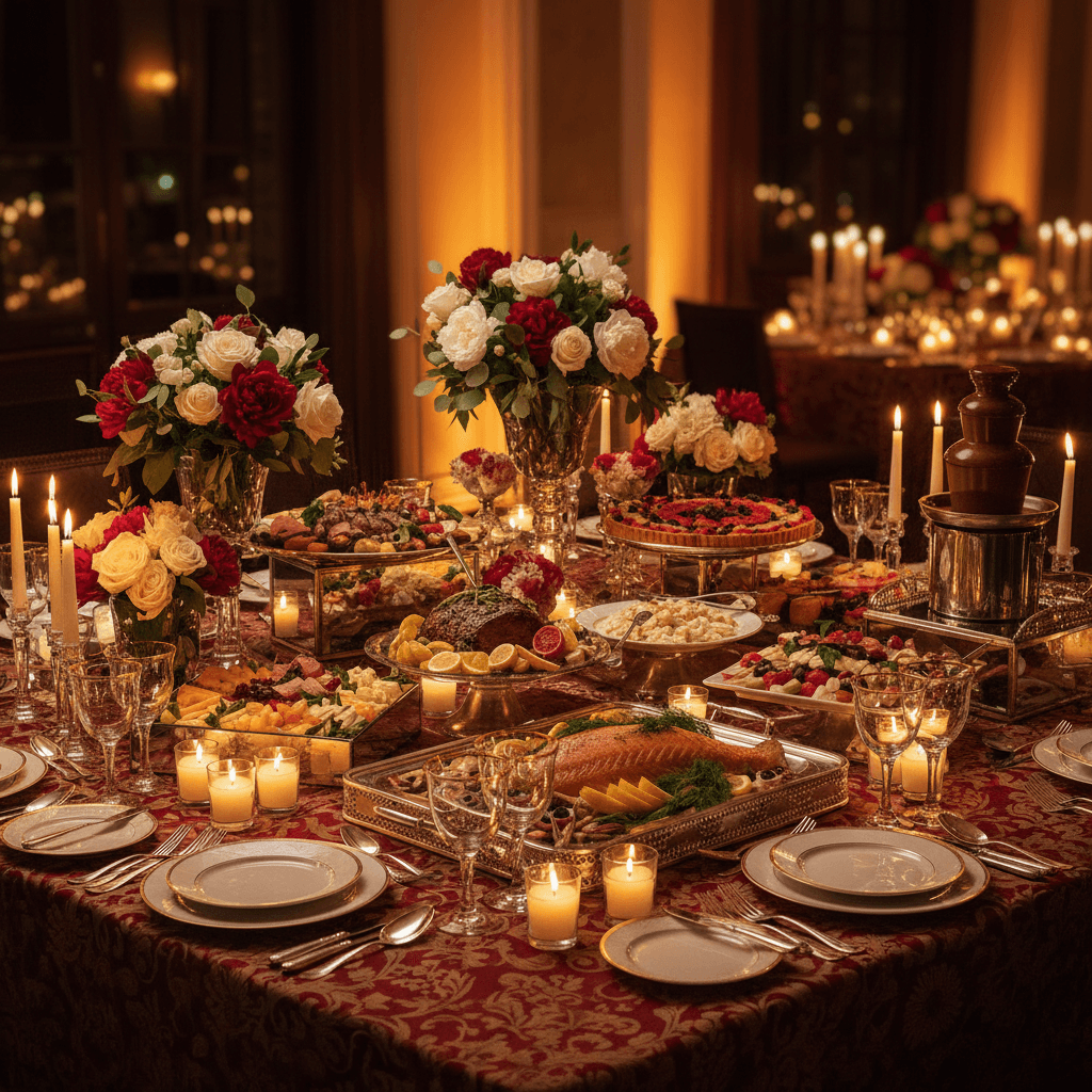 Evening buffet table with candlelight and elegant plating