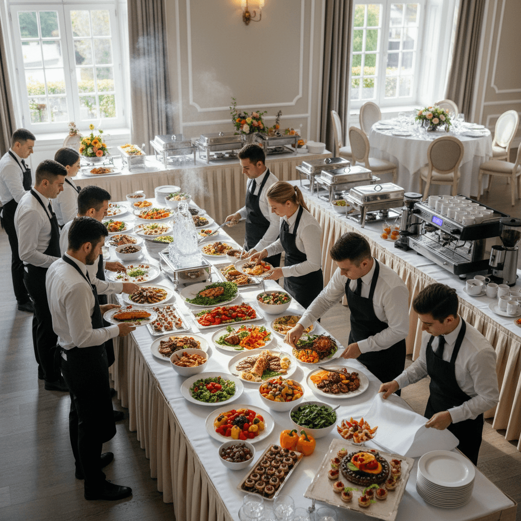 Professional catering team setting up a complete buffet service