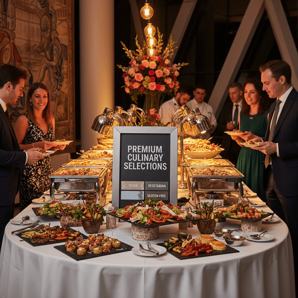 Guests at an upscale event enjoying a diverse, elegantly arranged buffet.