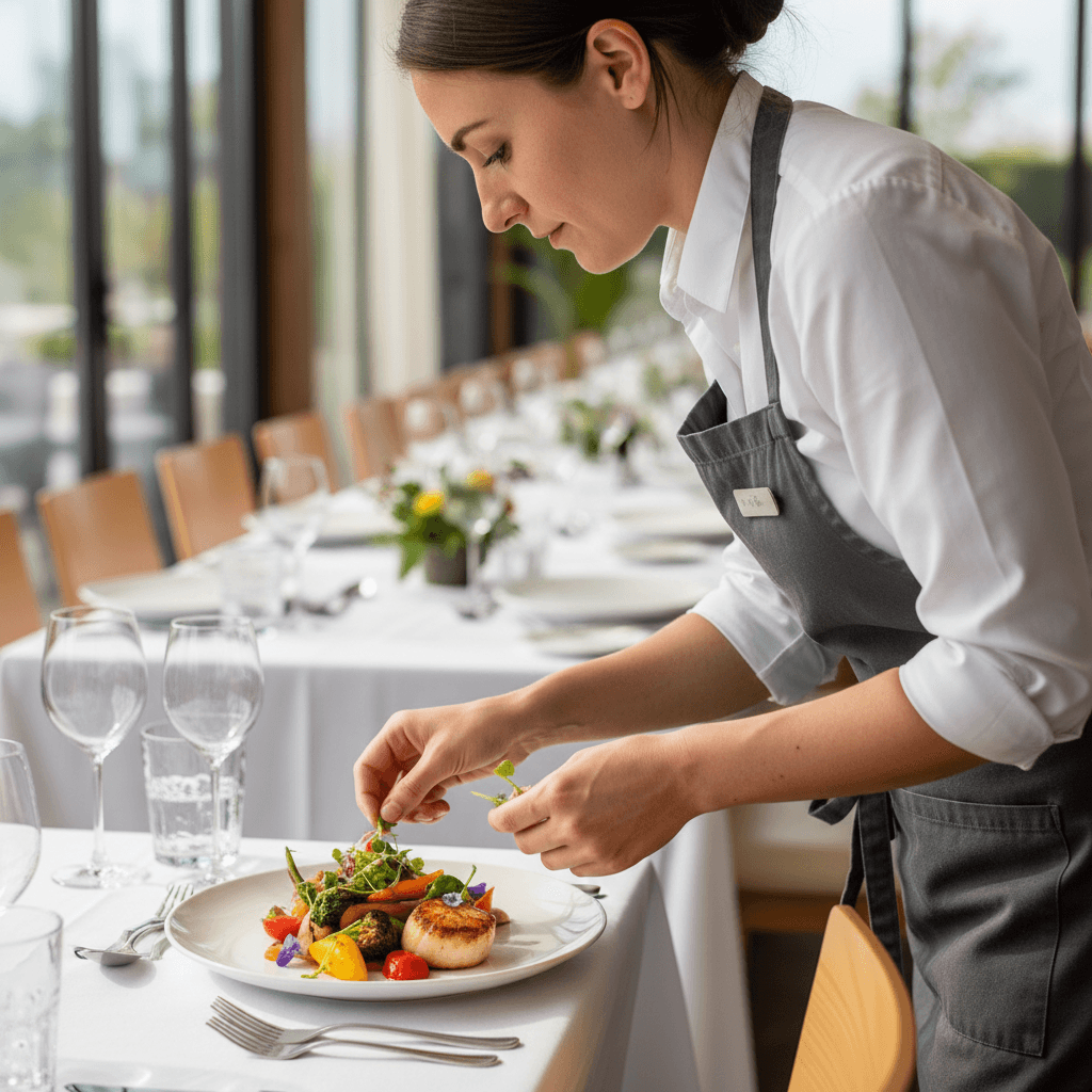 Professional caterer plating a dish with edible garnishes