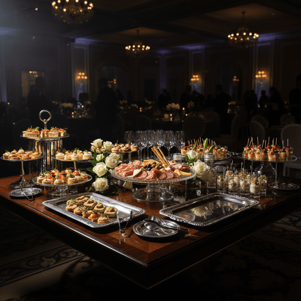 Formal buffet display with premium canapés and charcuterie