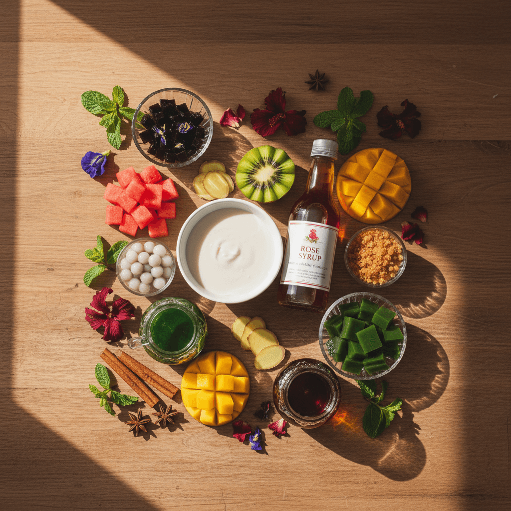 Overhead flat-lay of premium shaved ice ingredients including tropical fruits, herbs, syrups, and aromatic components