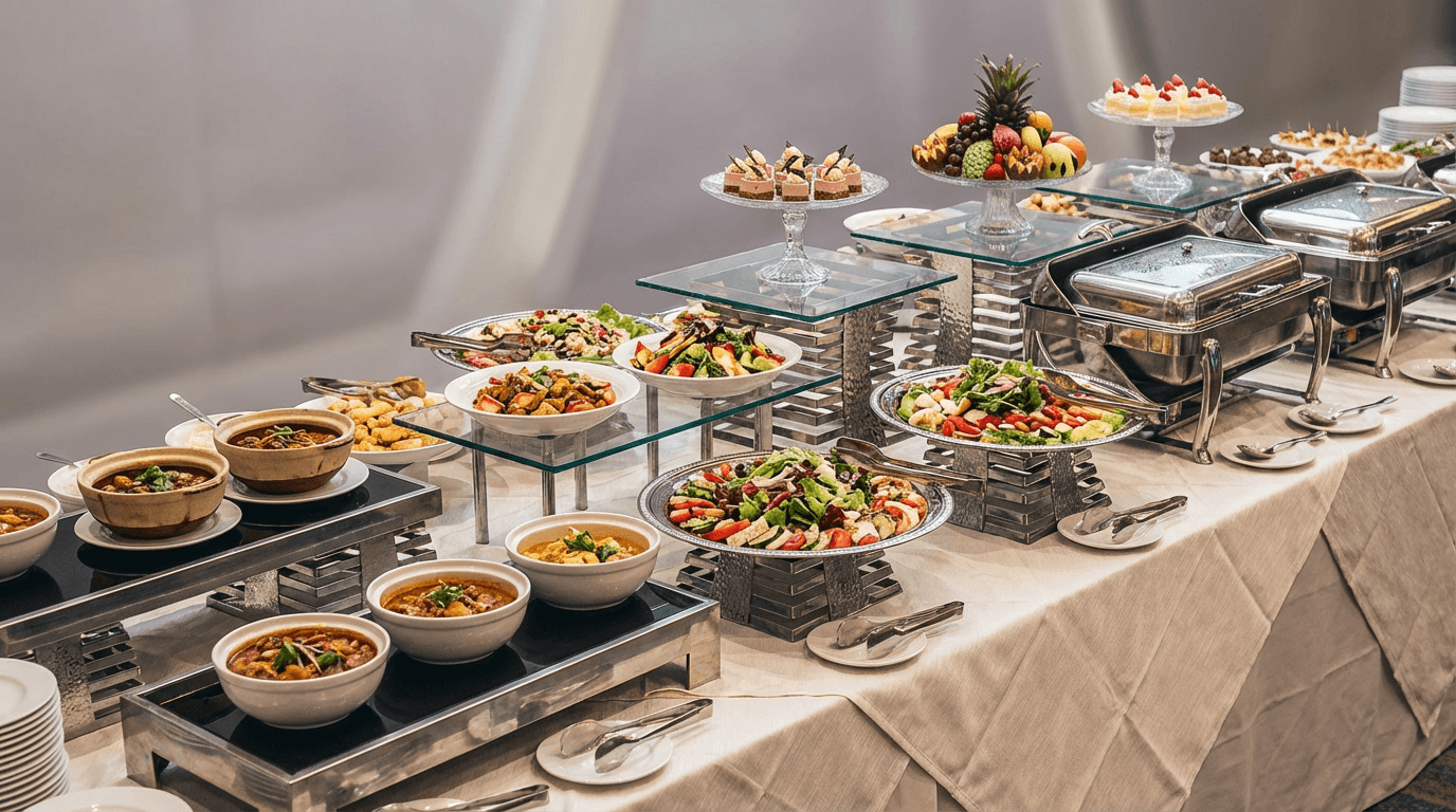 Professional buffet catering spread with premium quality dishes and fresh ingredients arranged on serving platters