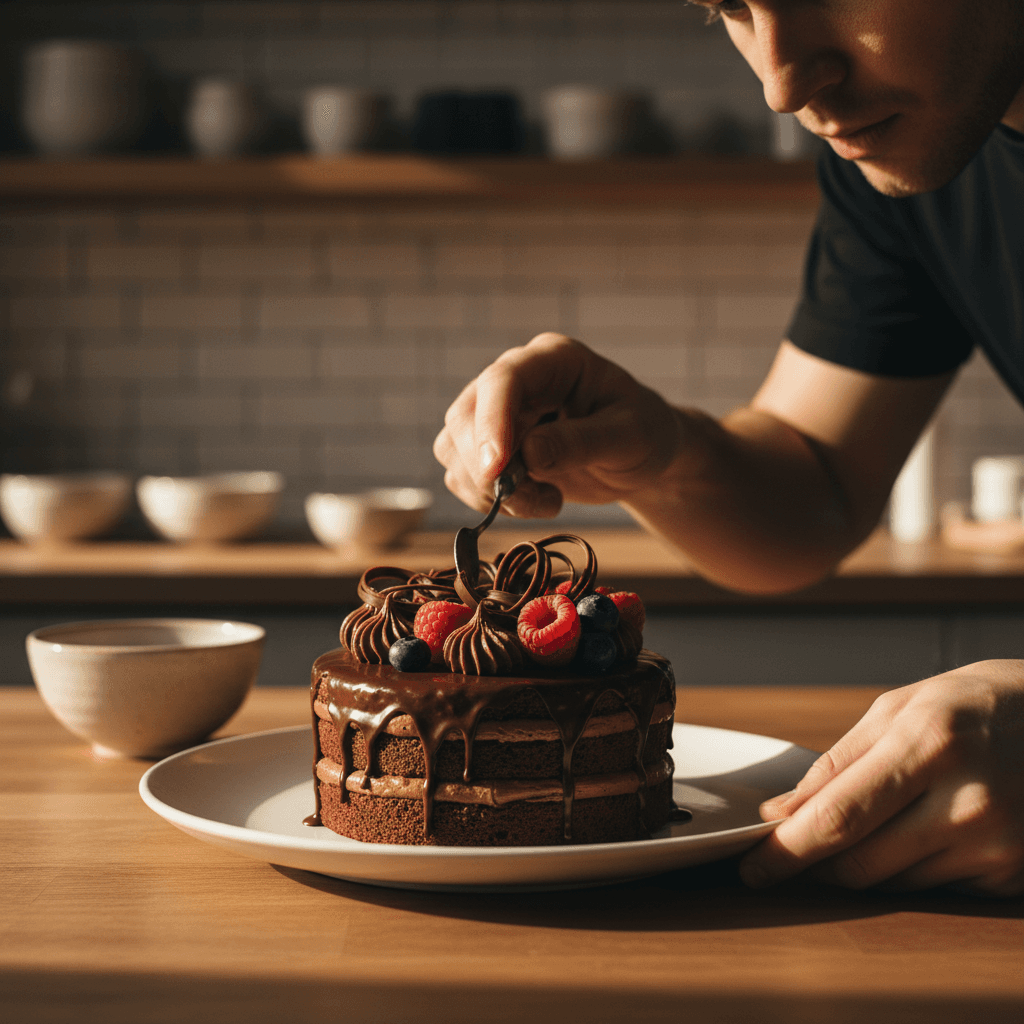 Chef arranging elegant dessert display with pastries and fresh berries