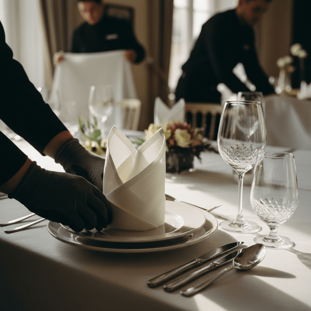 Professional delivery team setting up buffet table with proper arrangement and care
