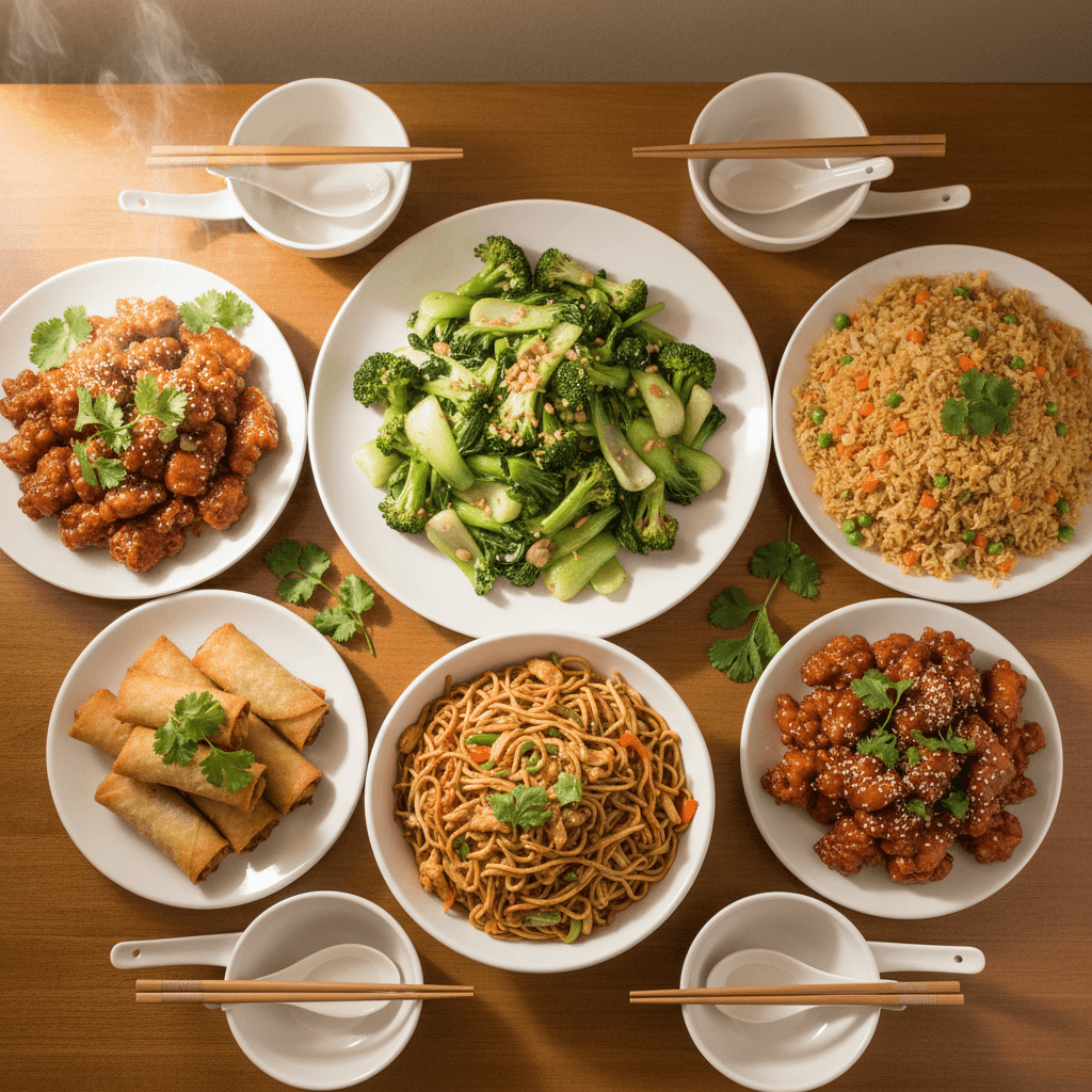 Overhead view of Chinese buffet dishes including stir-fried vegetables, rice, noodles, and spring rolls arranged on white ceramic platters