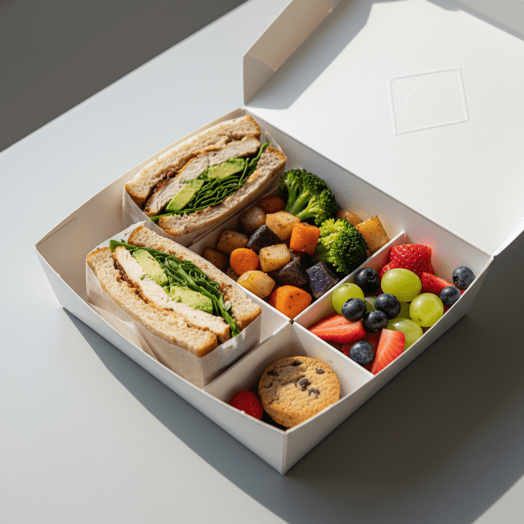 Overhead view of opened meal box containing sandwich, vegetables, fruit, and dessert compartments