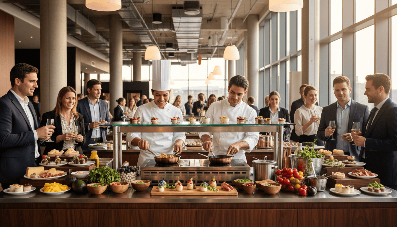 Professional buffet setup for corporate event with multiple stations