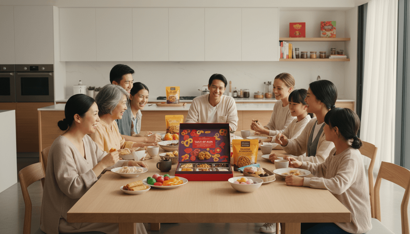 Family celebration buffet with diverse food options and natural gathering moment